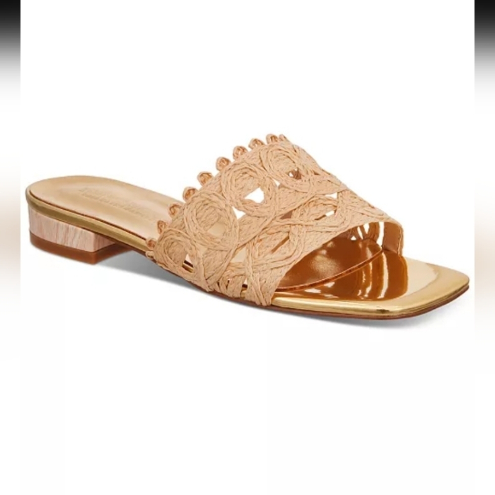 THINGS 11 COME Tavita Slide Wood Heel Straw Ftat Sandals Sz-12
